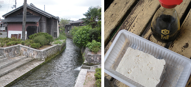 左｜地区の中心を流れるきれいな川 / 右｜見学コースの途中には、おいしいお豆腐屋さんも
