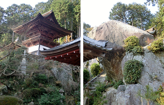 左｜小高いところに建つ鐘楼 / 右｜太郎坊が、愛宕山から飛ばしてきたといわれる大岩